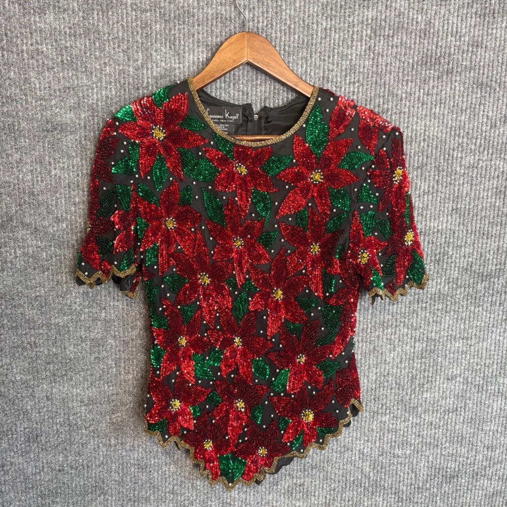 Vintage Laurence Kazar Silk Sequin Poinsettia Blouse Size L Christmas 80s